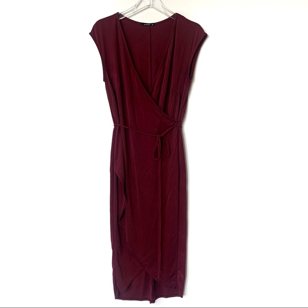 3x$15 Annabelle Faux-Wrap Midi Dress | Plum Asymmetrical Hem | Size S